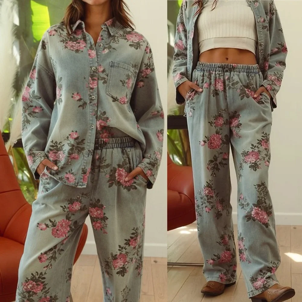 Denim floral washed button shirt elastic waist wide leg boho bohemian pant set - Picture 1 of 11
